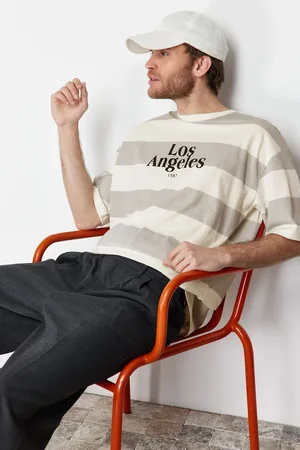Trendyol Gray Oversize Striped City Printed 100% Cotton T-Shirt