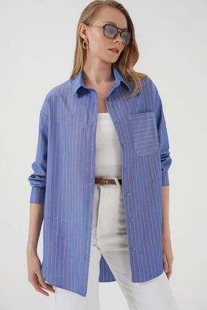 Bigdart 20217 Pocket Detailed Striped Oversize Shirt - Indigo