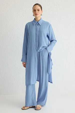 Trendyol Blue Front Slit Weaving Bottom-Top Set