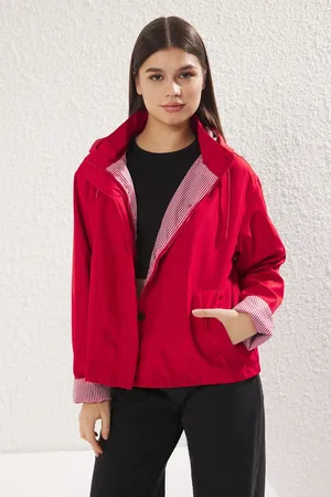 Trendyol Red Oversize Striped Lined Short Raincoat