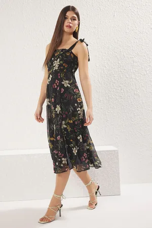 Trendyol Black Floral Patterned Gipel Midi Woven Dress