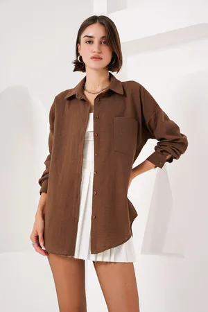 Bigdart 20153 Single Pocket Oversize Linen Shirt - Light Brown