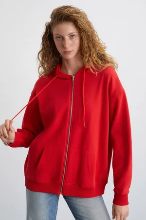 Grimelange Alena Women Oversize Organic Cotton Metal Zipper Hooded Polar Fleece Inside Red Sweatshirt