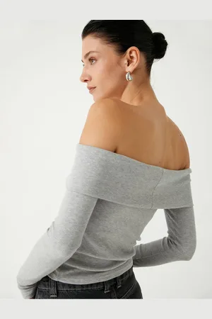 Koton Madonna Collar Off-the-Shoulder T-Shirt Ribbed Layered Detail Long Sleeve Slim Fit