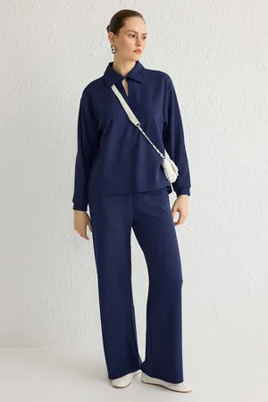 Trendyol Navy Blue Crepe Knitted Top-Bottom Set