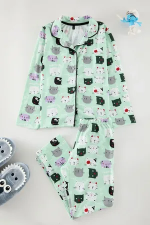 Trendyol Mint Girls Animal Printed Pajama Set Knitted Top-Bottom Set