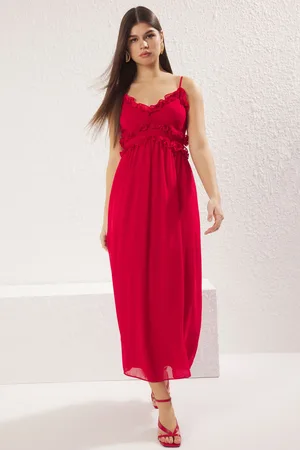 Trendyol Red Ruffle Maxi Woven Dress with Opening Waist Skirt