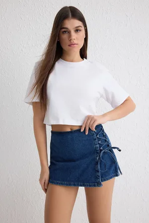 Trendyol Blue Tie Detail Normal Waist Mini Denim Shorts Skirt