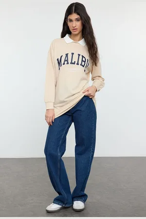 Trendyol Beige Polo Neck Embroidered Detailed Knitted Sweatshirt