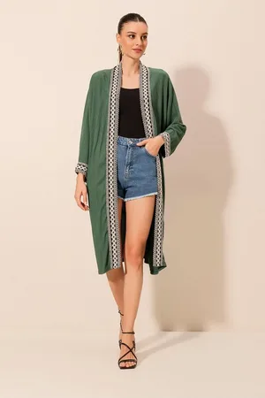 Bigdart 5865 Embroidered Knitted Long Kimono - Emerald Green