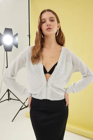 Trendyol Ecru Transparent Looking Glittery Quality Knitwear Cardigan