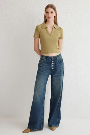 Trendyol Dark Blue Button Front Low Waist Wide Leg Jeans
