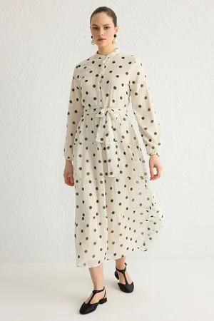 Trendyol Light Beige Patterned Belted Stand Collar Lined Chiffon Woven Dress
