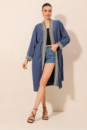 Bigdart 5865 Embroidered Knitted Long Kimono - Indigo