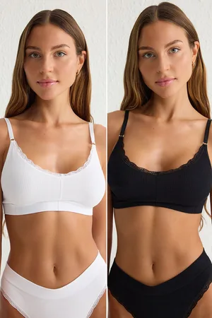 Trendyol Black-White 2-piece Seamless Lace Detail Non-wired Cupless Bralette Knitted Bra
