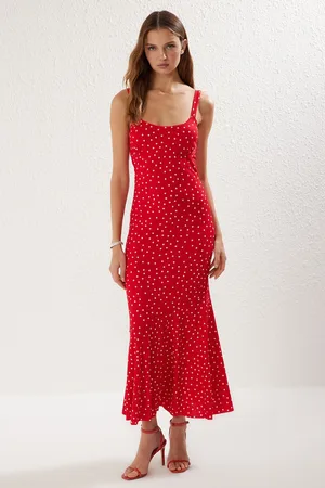 Trendyol Red Polka Dot Strappy Fitted Elastic Knitted Maxi Pencil Dress
