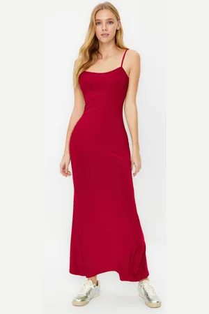 Trendyol Red Maxi Bodycone/Fits Body Strappy Stretch Knit Dress