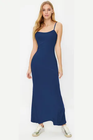 Trendyol Indigo Maxi Bodycone/Body Fitted Strappy Stretch Knit Dress