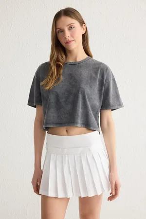 Trendyol Premium Anthracite Washed 100% Cotton Crop Knit T-Shirt