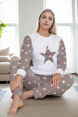 Dewberry 46404 Winter Fleece Women Pyjama Set-WHITE-BROWN