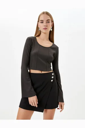 Koton Crop Blouse Bodice Detailed Long Sleeve U Neck Ribbed