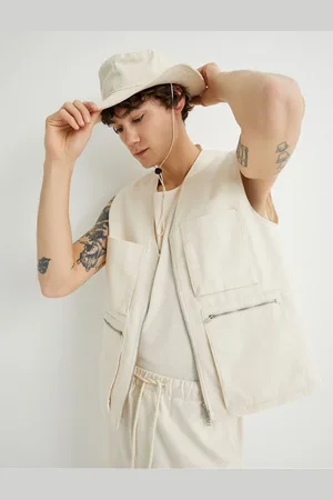 Koton Canvas Vest Sleeveless V-Neck Zippered Flap Pocket Detail