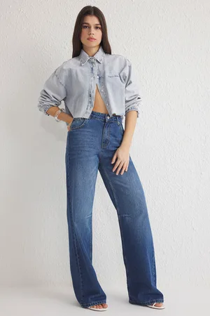 Trendyol Blue Stitch Detail Normal Waist Wide Leg Jeans