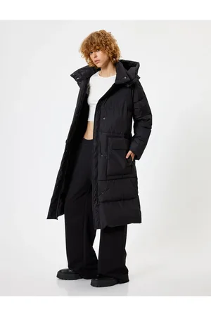Koton Long Puffer Jacket Hooded Pocket Detail Zipper Snap Button Water Repellent Fabric