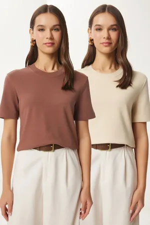 Happiness istanbul Woman Brown Biscuit 2-Pack Cotton Basic Knitted T-Shirt