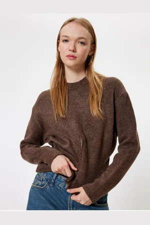 Koton Crew Neck Sweater Zipper Detailed Soft Textured Long Sleeve