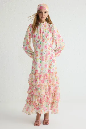 Trendyol Pink Lined Floral Woven Chiffon Hijab Dress