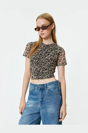 Koton Chiffon Blouse Leopard Patterned Short Sleeve Gathered Crew Neck
