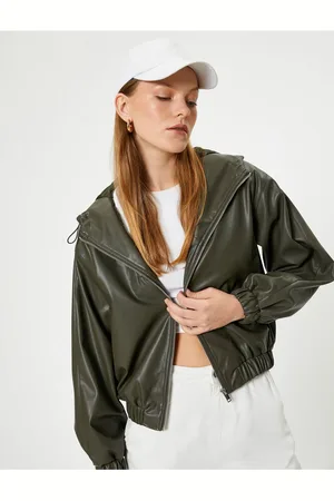 Koton Hooded Faux Leather Bomber Jacket Zippered, Lined, Pocketed, Comfortable Fit