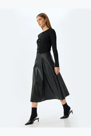 Koton X Melis Ağazat - Midi Length Faux Leather Skirt Bell Shape