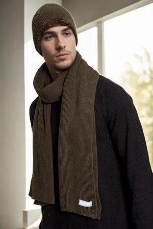 Dewberry 35261 Mens Scarf Beret Set-Khaki