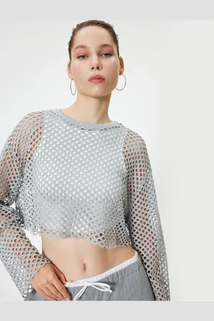 Koton Openwork Crop T-Shirt Long Sleeve Crew Neck Comfortable Fit