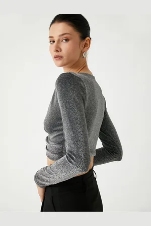 Koton Evening Dress Blouse Crop Glitter Long Sleeve V Neck Gathered