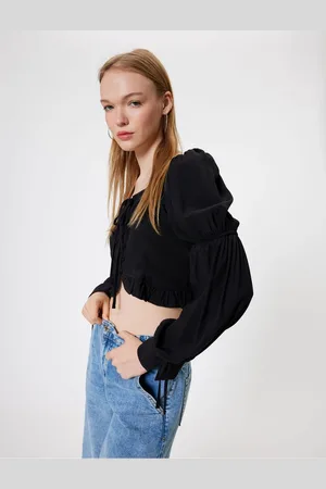 Koton Balloon Sleeve Blouse Crop Slim Fit Tie Detailed