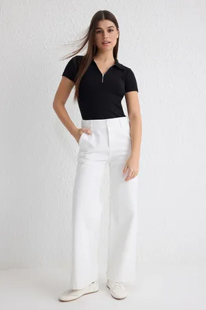 Trendyol White Button Detail High Waist Wide Leg Jeans