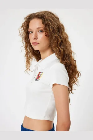 Koton Polo Neck T-Shirt Crop Buttoned Short Sleeve College Embroidered Slim Fit