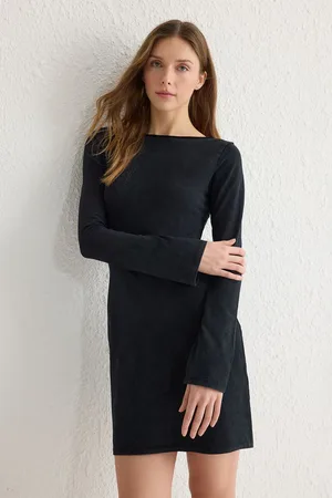 Trendyol Black Washed/Faded Effect Skater/Waist Open Mini Knit Dress