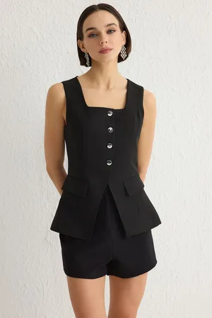 Trendyol Black Fitted Square Collar Thick Suspender Vest Waistcoat