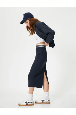 Koton Midi Pencil Skirt with Elastic Waist Color Contrast Slit Slim Fit