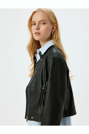 Koton Zippered Pocket Stand Collar Crop Faux Leather Jacket