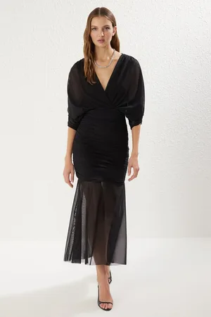 Trendyol Black Lined Double Breasted Tulle Knit Dress