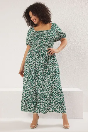 Trendyol Curve Green Floral Patterned Woven Chest Dress