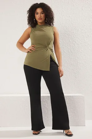 Trendyol Curve Green Modal Fabric with Gathering Detail Sleeveless Knitted Plus Size Blouse