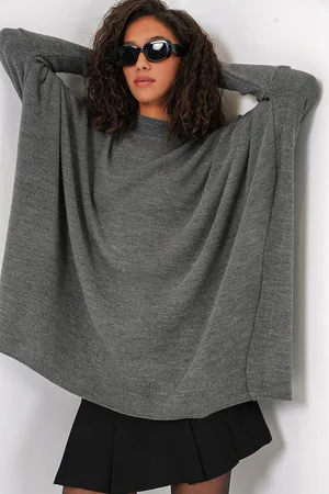 Bigdart 15783 Slit Poncho Sweater - Light Grey