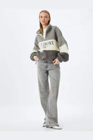 Koton Plush Sweatshirt Oversize Half Zipper College Embroidered Color Block