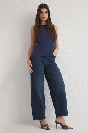 Trendyol Dark Blue High Waist Barrel Baggy Jeans